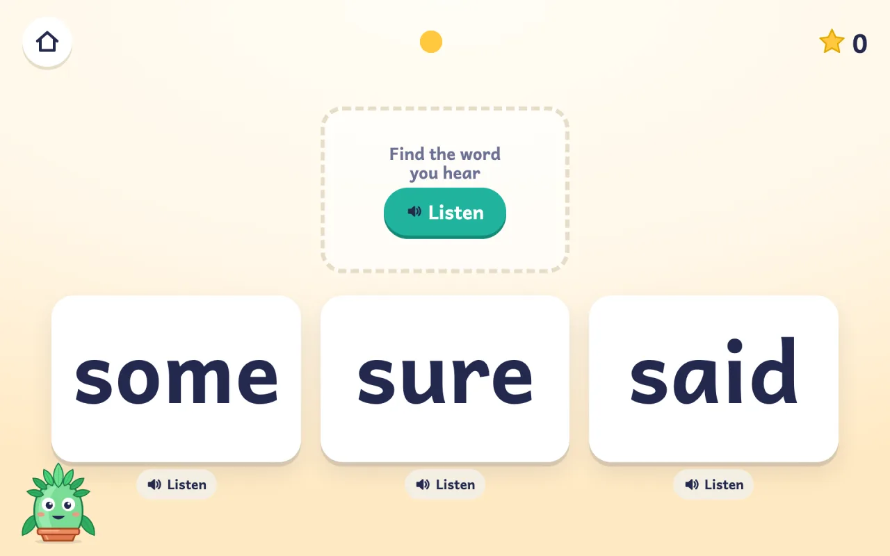 Three word cards, “some”, “sure”, and “said”, under the prompt “Find the word you hear”.