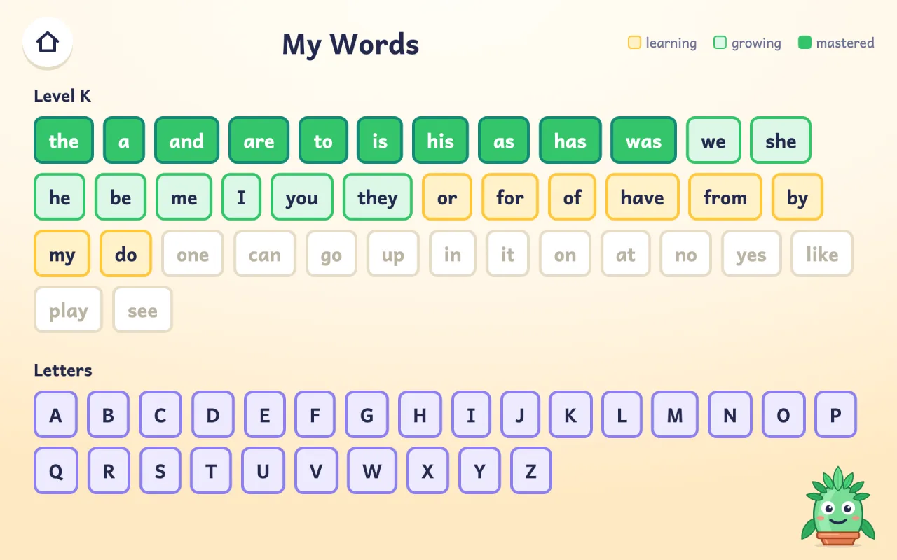 The My Words wall: Level K words colored as mastered, growing, or learning, and a row of letter tiles.